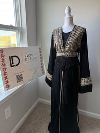 Luxe Black Abaya– Beige Embroidered with Belt
