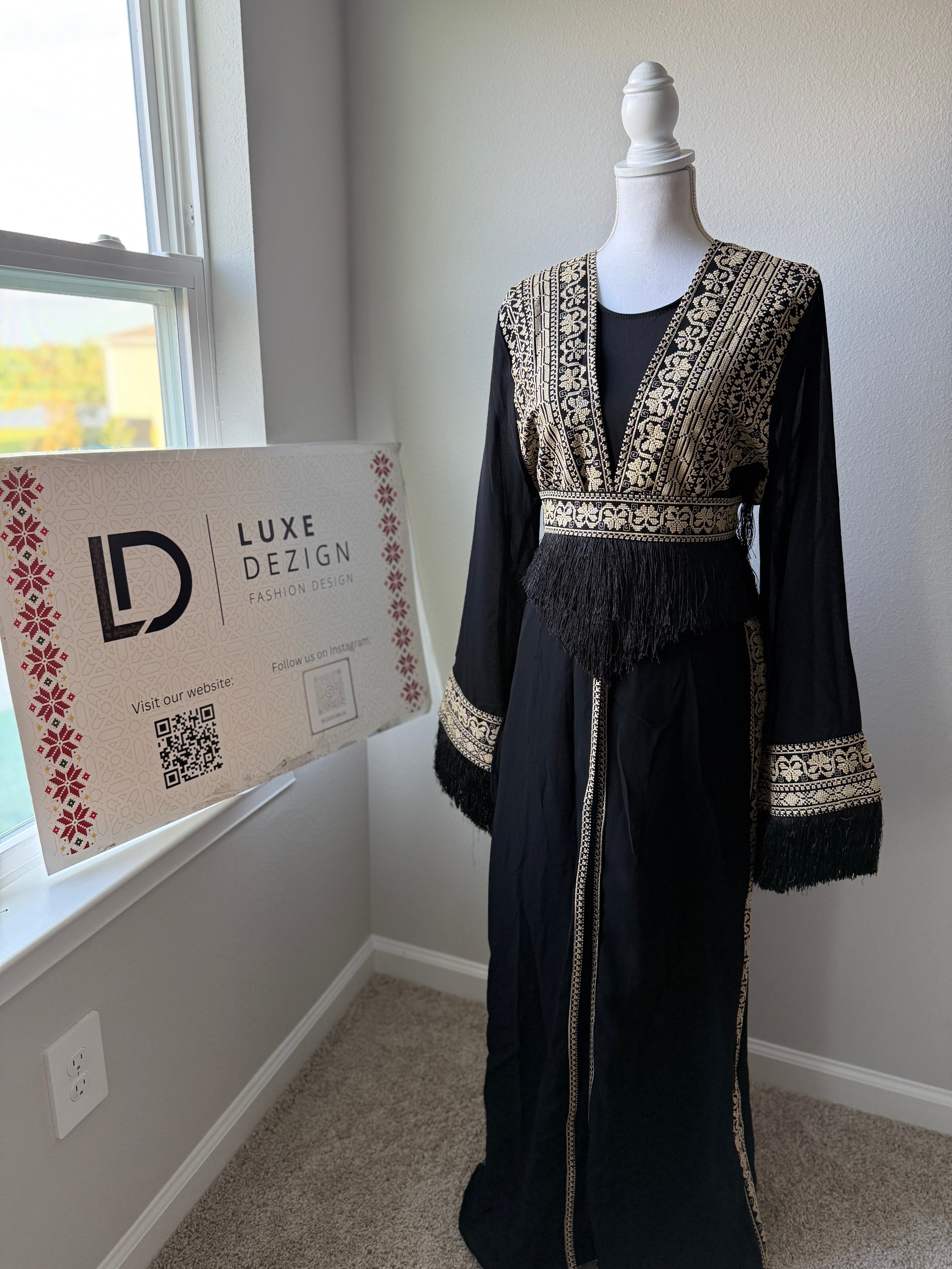 Luxe Black Abaya– Beige Embroidered with Belt