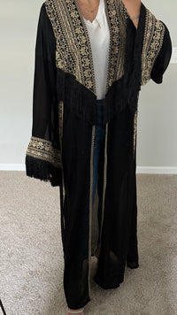 Luxe Black Abaya– Beige Embroidered with Belt